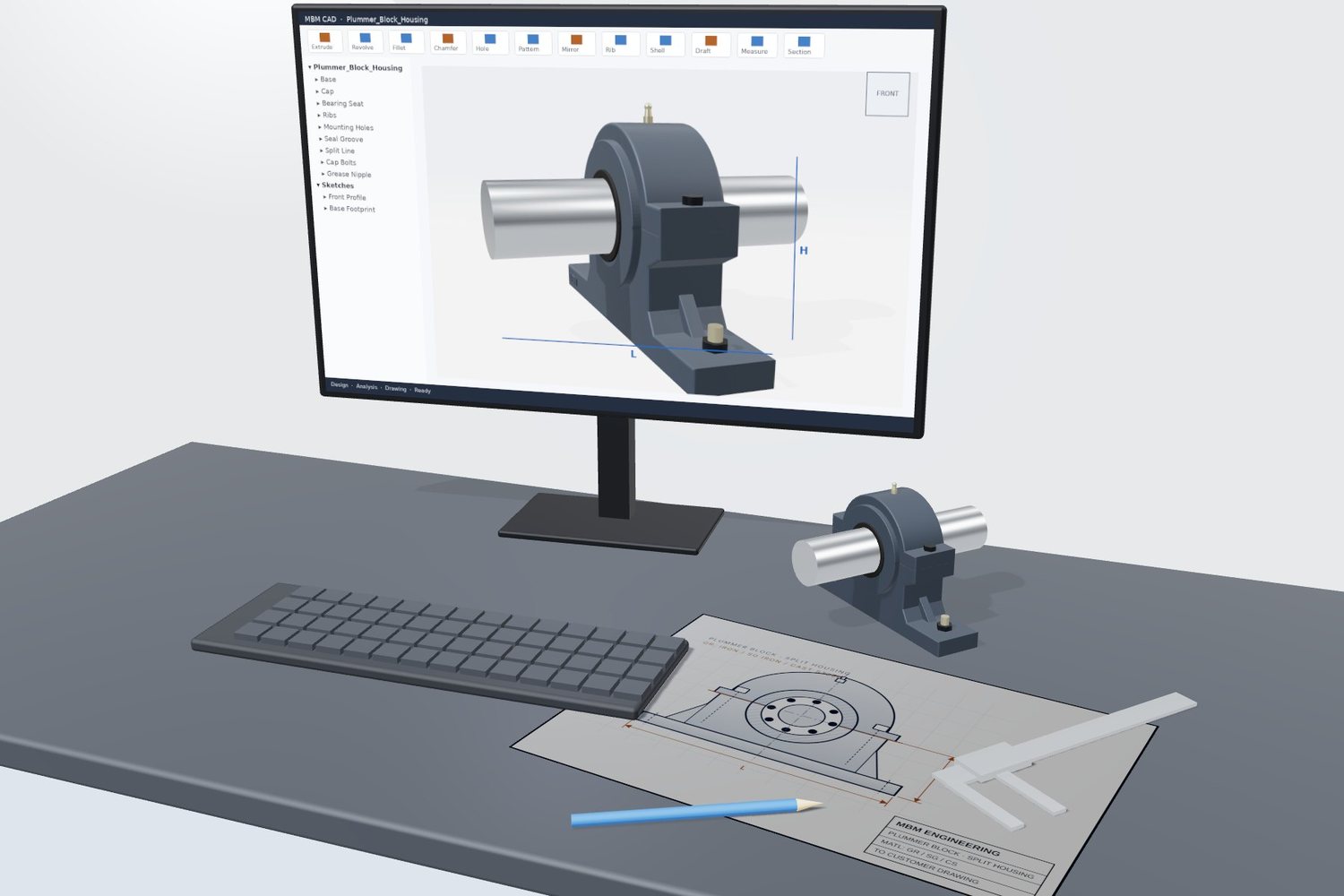 Plummer block housing being designed in CAD, with its engineering drawing